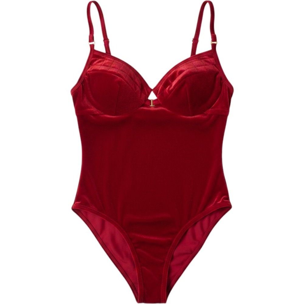 Baja Blue Vintage Red Velvet Underwire One Piece Swimsuit Size 6 High Cut 2515